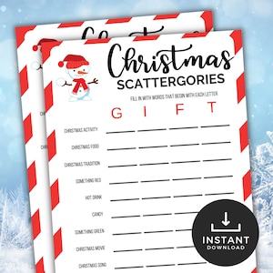 Scattergories na Boże Narodzenie, rodzinna gra świąteczna, gra świąteczna do druku, gra w Wigilię, lista Scattergories, gra na imprezę świąteczną dla dzieci