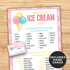 May include: A pink and white ice cream name game with a cone illustration. The game includes a list of ice cream names and months. A small card with "Hello" and "My Name Is" is also included.