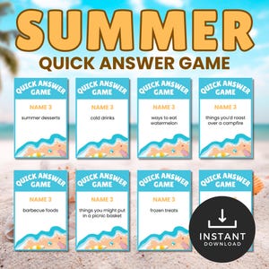 May include: A set of eight rectangular game cards titled SUMMER QUICK ANSWER GAME. Each card features a blue header, a white center with the text NAME 3 followed by prompts like summer desserts, cold drinks, and barbecue foods, and a beach graphic.