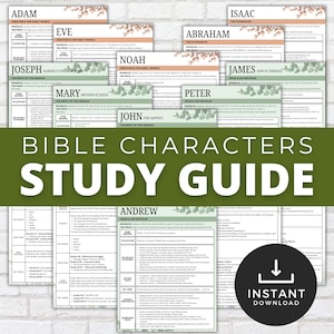 May include: A collection of study guides featuring Bible characters, with names like Adam, Eve, and Noah. The guides have a white background with green and beige accents. The title "Bible Characters Study Guide" is displayed prominently.