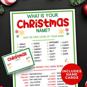 What&#39;s your Christmas Name, Christmas Printable Game, Christmas Elf Party Game Kids, Adults, Holiday activity, Festive, Name Tags