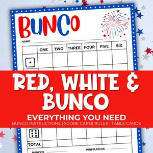 Pack fête imprimable Bunco rouge blanc et bleu et cartes de pointage, jeu de dés fête patriotique, règles du jeu Bunco, feuille de pointage, téléchargement, 4 juillet