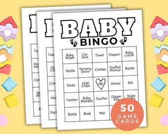 Bingo para bebés, juego para baby shower, 50 tarjetas de bingo para baby shower neutrales e imprimibles, juego de bingo para bebés, fiesta de baby shower, juego grupal