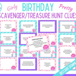 Birthday Scavenger Hunt, Girl Birthday Party Games, Birthday Treasure Hunt Clues, Girl Birthday Printable Clues, Indoor and Outdoor Clues