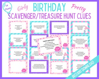 Birthday Scavenger Hunt, Girl Birthday Party Games, Birthday Treasure Hunt Clues, Girl Birthday Printable Clues, Indoor and Outdoor Clues