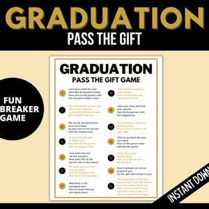 Afstuderen Pass the Gift Game, afdrukbaar afstudeerspel, afstuderen aan de universiteit of middelbare school, afstudeerfeestspel, klasse van 2024, ijsbreker