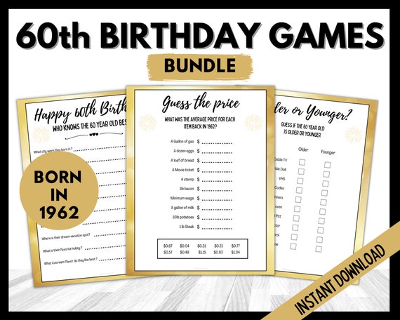60th Birthday Party Games Bundle, 1962 Birthday Games Bundle, Sixtieth Birthday Games, Older or Younger, Guess the Price 1962, Who Knows Il_570xn