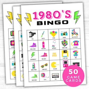 Gioco del bingo anni '80, gioco per feste retrò anni '80, 50 cartelle del bingo anni '80 stampabili, attività per feste a tema anni '80, gioco al neon anni '80, gioco di compleanno anni '80