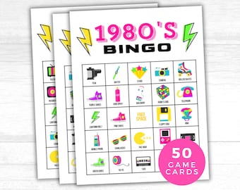 1980er Jahre Bingo Spiel, 80er Jahre Retro Partyspiel, 50 druckbare 80er Jahre Bingo Karten, 1980er Jahre Partyspiel, 80er Jahre Neonspiel, 80er Jahre Geburtstagsspiel