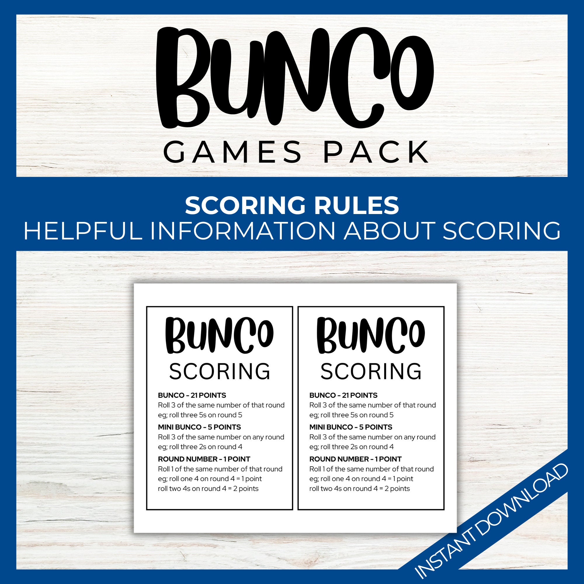 Bunco Printable Party Pack and Scorecards, Bunco Game Rules, Tally