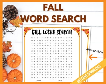 Fall Word Search, Fun Fall Printable Games, Autumn Game for Kids, Fall Party Word Search, Fall Family Fun Games