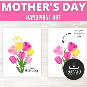 Mother&#39;s Day Flower Handprint Crafts, Printable Handprint Art, Mothers Day Card, Classroom Craft, DIY memory keepsake, Grandma Gift,Mom Gift