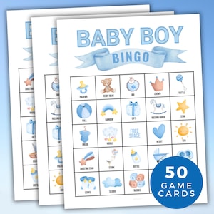 Bingo babyjongen, babyshowerfeestspel, 50 afdrukbare bingokaarten babyshower, blauwe babybingo, groepsspel