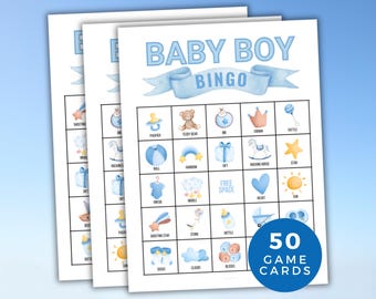 Baby Boy Bingo, Baby Shower Party Game, 50 Printable Baby Shower Bingo Cards, Blue Baby Bingo, Group Game