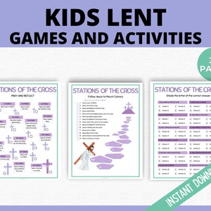 Op de afbeelding: Een printbare set van 30 pagina's met paas-spellen en -activiteiten voor kinderen. De pagina's bevatten activiteiten over de kruiswegstaties, waaronder een activiteit 'Bidden en reflecteren', een activiteit 'Jezus volgen naar Golgotha' en een activiteit 'Kleur de letter van het juiste antwoord in'.