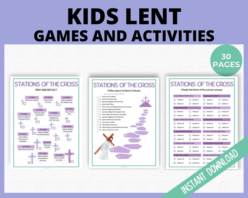 Op de afbeelding: Een printbare set van 30 pagina's met paas-spellen en -activiteiten voor kinderen. De pagina's bevatten activiteiten over de kruiswegstaties, waaronder een activiteit 'Bidden en reflecteren', een activiteit 'Jezus volgen naar Golgotha' en een activiteit 'Kleur de letter van het juiste antwoord in'.