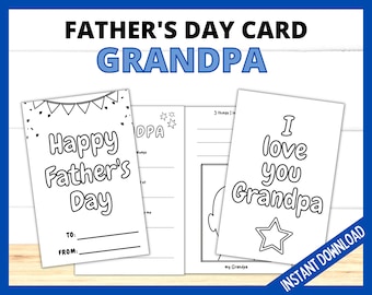 Op de afbeelding: Een printbare Vaderdagkaart voor Opa. De kaart heeft een zwart-wit ontwerp met een banner, confetti en de tekst "Gelukkige Vaderdag". Er is ruimte om "Aan :" en "Van :" te schrijven. De kaart bevat ook een sectie om drie dingen te schrijven die je aan Opa leuk vindt, een ruimte om een ​​tekening van Opa te maken en een aparte kaart waarop "Ik hou van je Opa" staat met een ster.
