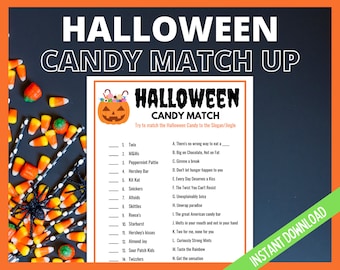 Könnte beinhalten: Ein druckbares Halloween-Süßigkeiten-Matching-Spiel mit einer Liste von 14 beliebten Süßigkeiten und ihren entsprechenden Slogans oder Jingles. Das Spiel zeigt eine Kürbisillustration und eine schwarze Spinne.