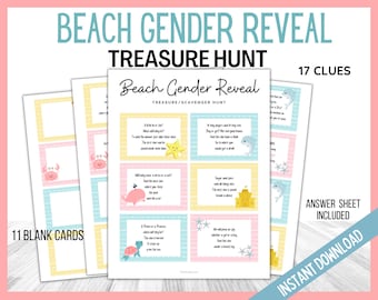 May include: A printable gender reveal treasure hunt game with 17 clues. The game features a beach theme with illustrations of crabs, starfish, seashells, and a whale. The text on the cards reads "Beach Gender Reveal Treasure/Scavenger Hunt" and "17 Clues".