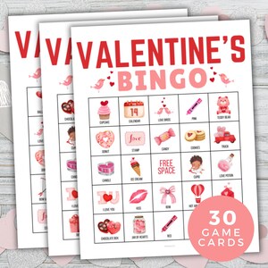 Valentijnsbingo, Valentijnsdagfeestactiviteit, 30 afdrukbare Valentijnsdagbingokaarten, Valentijnsfeestspel voor kinderen, klasvalentijnskaarten