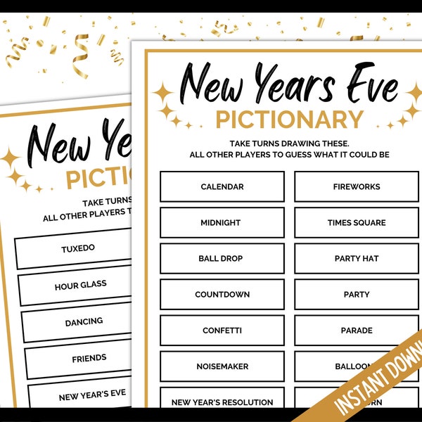 New Year's Eve Pictionary, NYE Pictionary Game, New Years Eve Pictionary Printable Games, Holiday Party Games