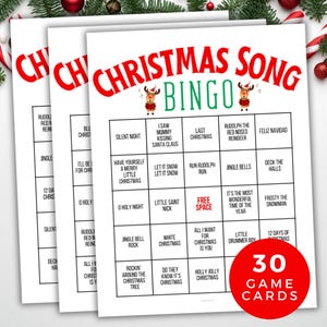 Weihnachtslied Bingo, Weihnachtsparty Spiel, 30 druckbare Weihnachtslied Bingokarten, Feiertagsbingo, Weihnachtsmusik Bingo, Gruppenspiel