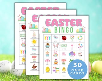 Juego de bingo de Pascua, actividad de Pascua para niños, juego de bingo de Pascua para el aula, 30 tarjetas de bingo imprimibles, iglesia, religión, búsqueda de bingo de Pascua