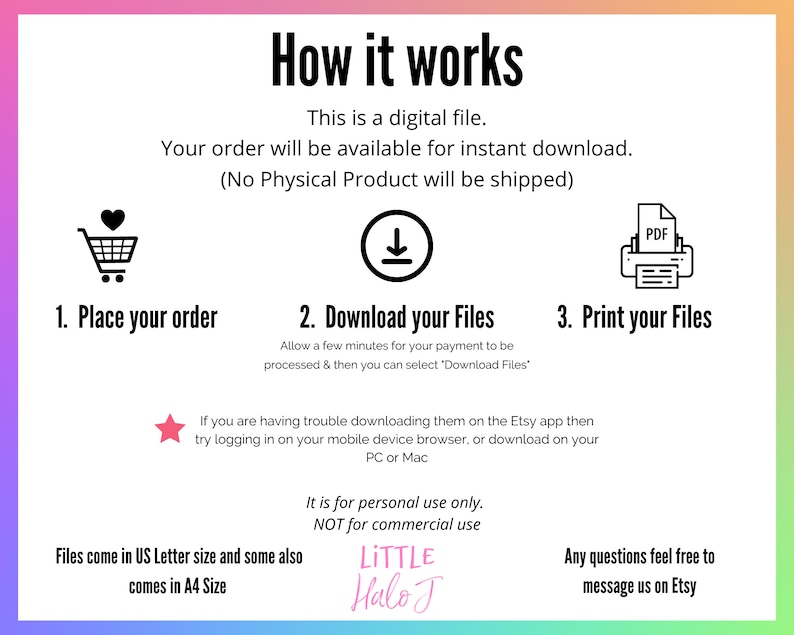 May include: A digital download guide with three steps: place your order, download your files, and print your files. The guide includes icons for a shopping cart, a download arrow, and a printer. The text also mentions that the files come in US Letter size and A4 size.