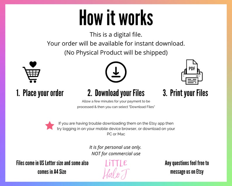 May include: A digital download guide with three steps: place your order, download your files, and print your files. The guide includes icons for a shopping cart, a download arrow, and a printer. The text also mentions that the files come in US Letter size and A4 size.