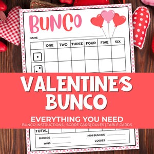 Valentines Day Bunco Printable Party Pack and Scorecards, Bunco Game Rules, Tally Sheet, Download, Valentines Party Game, Dice Game