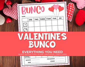 Valentines Day Bunco Printable Party Pack and Scorecards, Bunco Game Rules, Tally Sheet, Download, Valentines Party Game, Dice Game