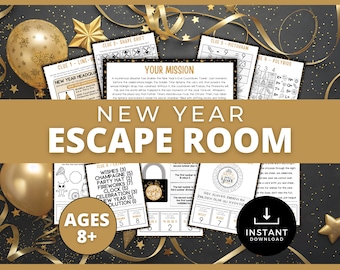 Peut inclure: Jeu d'évasion du Nouvel An avec énigmes et indices. Le design présente des ballons dorés, des étoiles et des rubans sur fond noir. Le texte "NEW YEAR ESCAPE ROOM" est bien en évidence, ainsi que "AGES 8+" et "INSTANT DOWNLOAD".