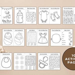 May include: A black and white baby shower activity book with 10 pages. The pages include coloring activities, mazes, word searches, and matching games. The cover reads "Baby Shower Club Activity Booklet."