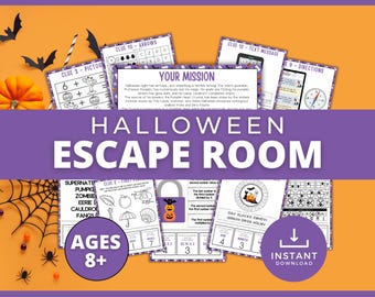 May include: A Halloween Escape Room game with various clues and puzzles. The design features a pumpkin, bats, spiders, and the text "Halloween Escape Room." Includes an "Ages 8+" circle and an "Instant Download" button.