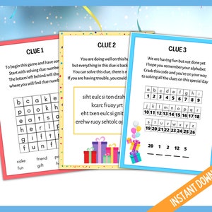 May include: Three colourful cards with the words "Clue 1", "Clue 2", and "Clue 3" printed on them. Each card has a different puzzle or code to solve. Clue 1 is a word search puzzle, Clue 2 is a jumbled word puzzle, and Clue 3 is a letter code.