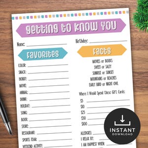 Get to Know You Questionnaire, All About Me Form, Coworker, Teacher, Teams Survey, Get to Know My Team, Favorite Things, Printable Questions