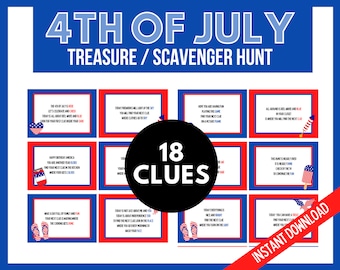 4th of July Treasure Hunt Clue Cards, 4th July Scavenger Hunt Clues, Fourth of July Treasure Hunt for Kids, Independence Day Treasure Hunt