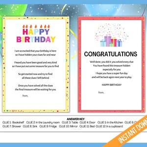 May include: A printable birthday scavenger hunt card with a colourful happy birthday banner and a poem with clues for a treasure hunt. The card has a pink background with white polka dots. The card also includes an answer key with clues and locations.