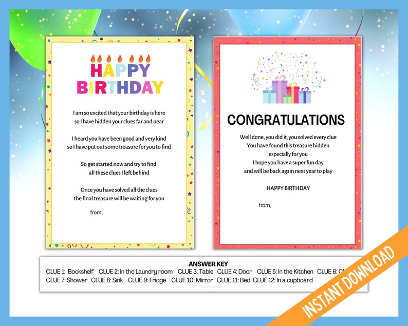 May include: A printable birthday scavenger hunt card with a colourful happy birthday banner and a poem with clues for a treasure hunt. The card has a pink background with white polka dots. The card also includes an answer key with clues and locations.
