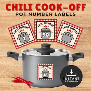 May include: Printable chili cook-off pot number labels. The labels are red and white checked with a chili pepper and a pot icon. The text "Chili Number" and the pot number are printed on each label. The labels are designed for a chili cook-off competition.