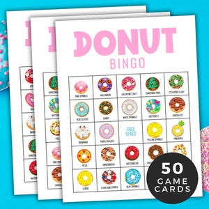 Bingo donut, jeu de fête donut, 50 cartes de bingo donut imprimables, activité soirée pyjama, jeu fête d'anniversaire donut
