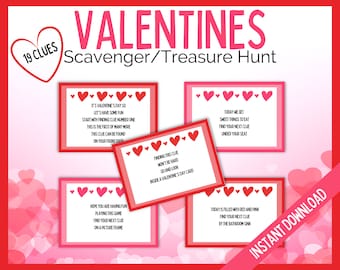 Valentines Scavenger Hunt, Valentine's Day Treasure Hunt Clues, Valentine's Day Clues, Valentines party game, Teens Kids Valentine printable