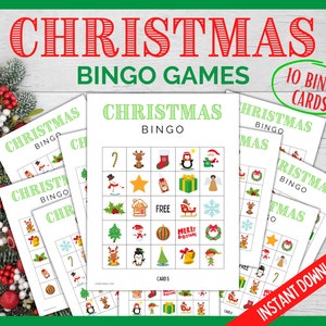 Christmas Bingo Game, 10 Cards, Christmas Printable Games,Xmas Party Bingo Games, Holiday Bingo Cards, Holiday Season Fun Printable Games image 1