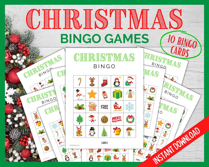 Christmas Bingo Game, 10 Cards, Christmas Printable Games,Xmas Party Bingo Games, Holiday Bingo Cards, Holiday Season Fun Printable Games image 1