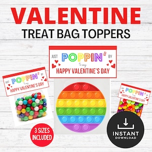 May include: Printable Valentine's Day treat bag toppers featuring a rainbow pop-it design and the text "Just Poppin' by to say Happy Valentine's Day".