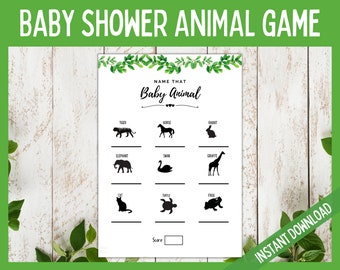 Baby Shower Animal Game, Guess Baby Animal Game, Name the Baby Animal Baby Shower Game, Animal Babies Baby Shower Printable Game, Greenery