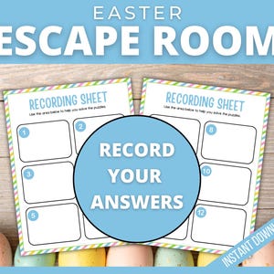 May include: Two printable recording sheets with a pastel striped border and the text "RECORDING SHEET" and "Use the area below to help you solve the puzzles". The sheets are numbered 1-5 and 8-12. A blue circle with the text "RECORD YOUR ANSWERS" is in the center of the image.