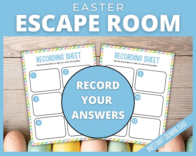 May include: Two printable recording sheets with a pastel striped border and the text "RECORDING SHEET" and "Use the area below to help you solve the puzzles". The sheets are numbered 1-5 and 8-12. A blue circle with the text "RECORD YOUR ANSWERS" is in the center of the image.