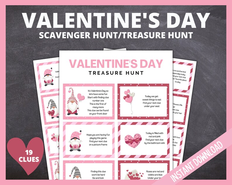 Valentines Day Scavenger Hunt for kids, Valentine's Day Treasure Hunt,Printable Valentines Games for Kids, teens, Printable Valentine Clues image 1