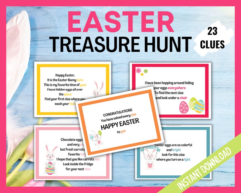 Kids Easter Egg Scavenger Hunt Game, Indoor Easter Treasure Hunt, Bunny Treasure Hunt Clues, Easter Egg Hunt, Easter Printables for Kids image 1